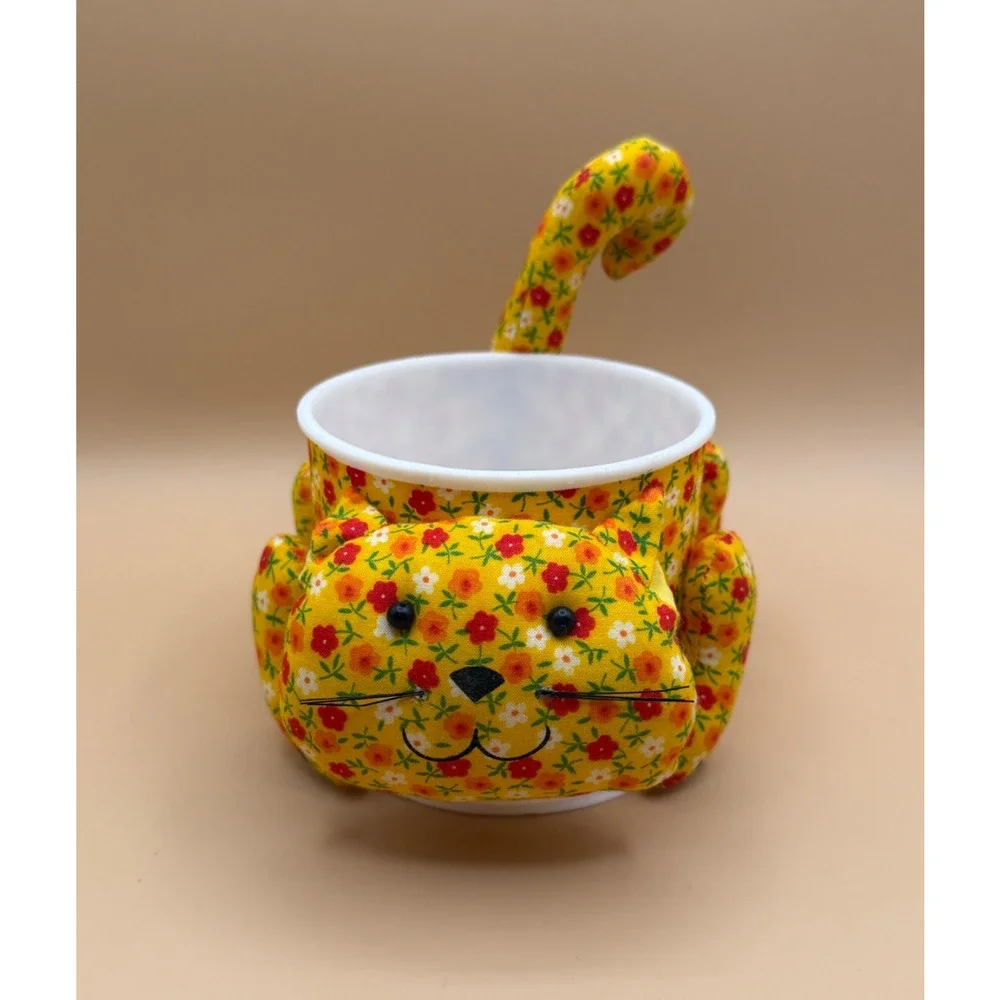 🐱 Vintage Floral Cat Planter Basket Rosenthal Netter Taiwan Fabric Plastic 4”